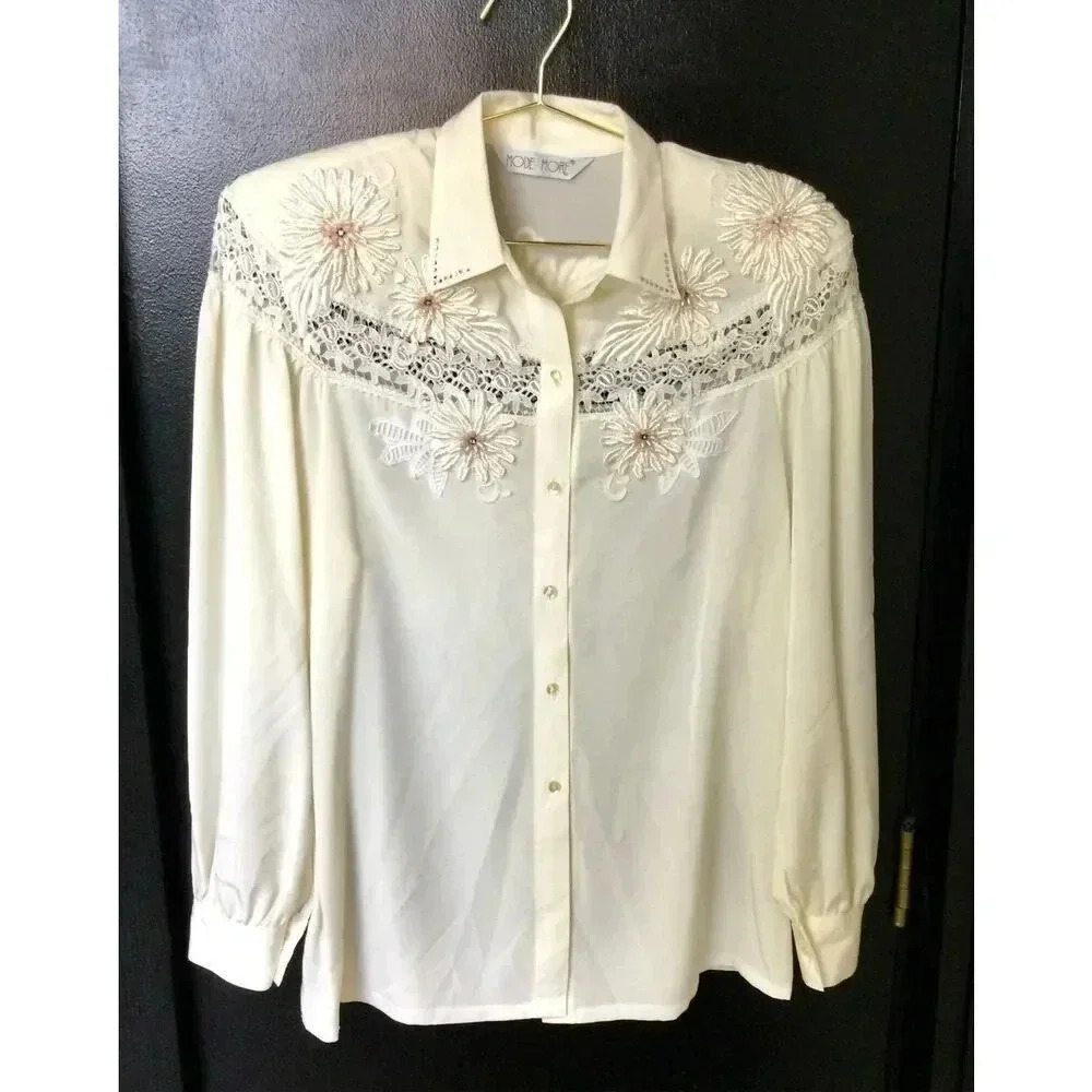 Mode More Womens‎ Ivory Floral Lace Long SLeeve Sheer Blouse Size Large